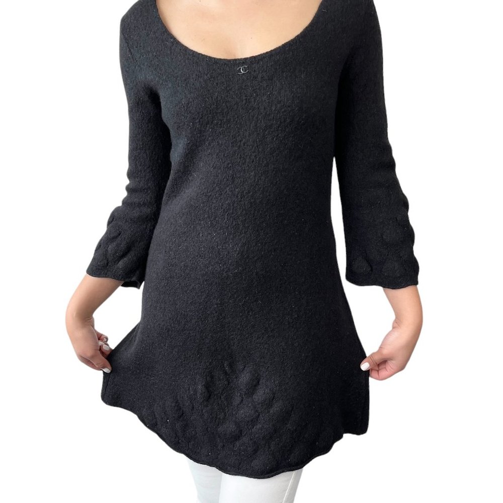 CHANEL Vintage 00A Coco Mark Logo Sweater #42 Tunic Top Black Wool Knit [102699]